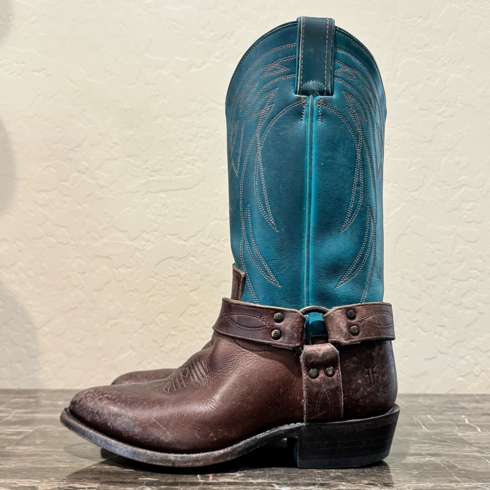 Frye Leather Two Tone Leather Harness Cowboy Boots
